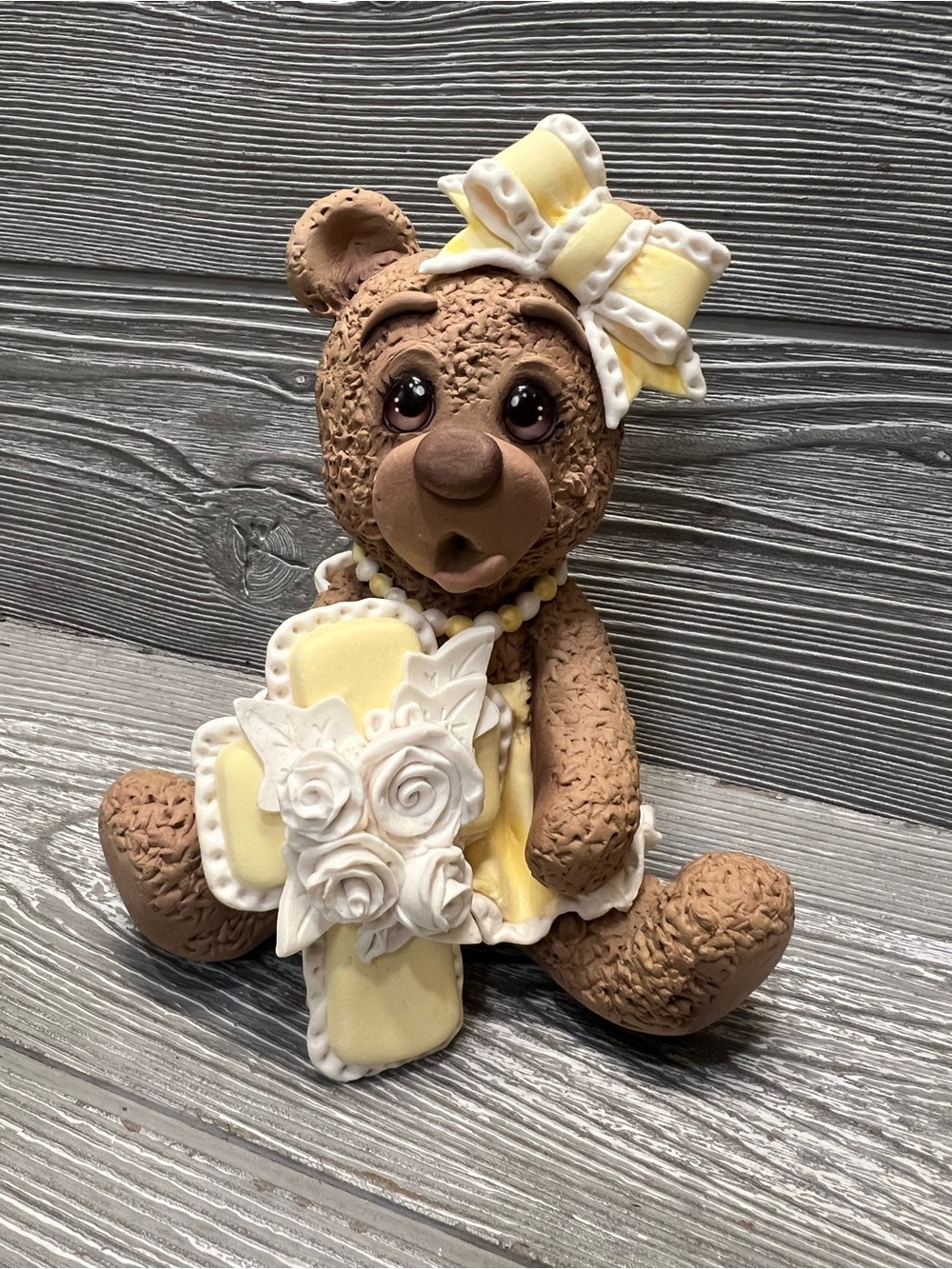 Brown Bear Figurine Accent with Yellow Dress and Bow